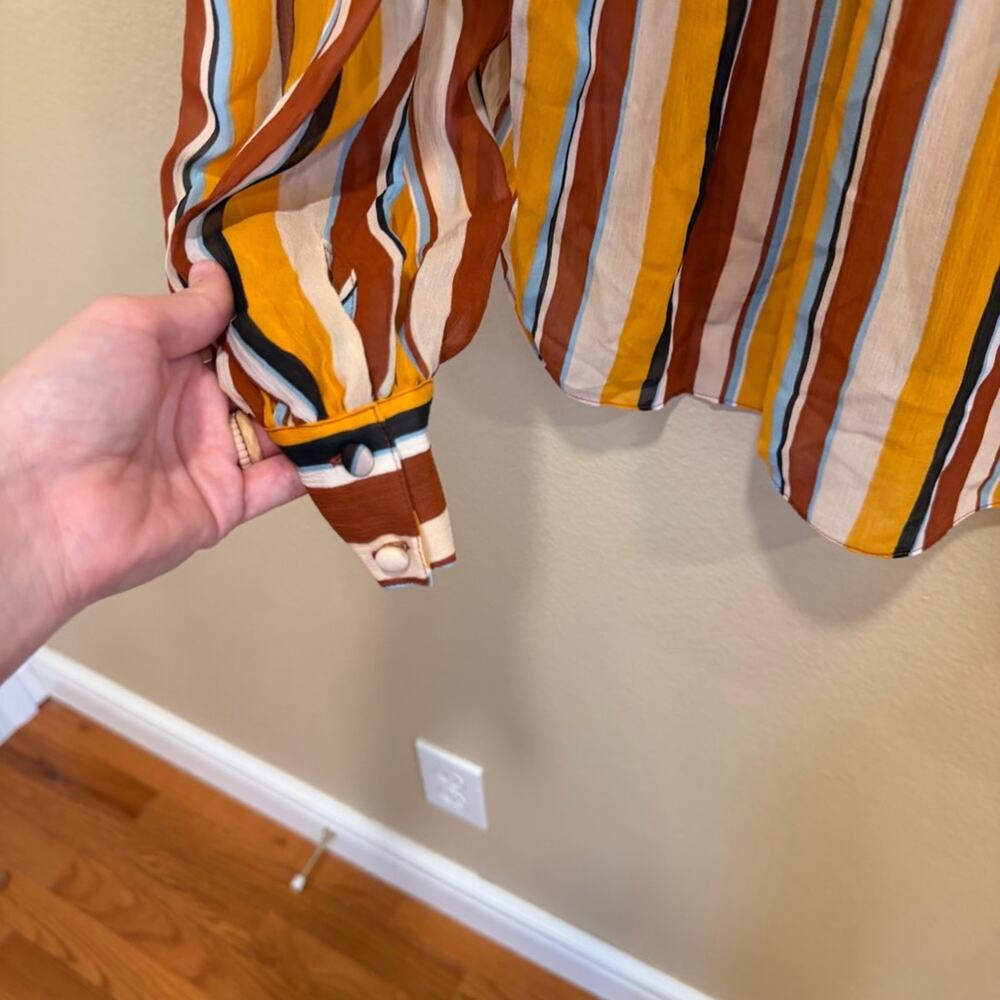 Frame Silk Yellow Tan Striped Overized Retro Button Front Long Sleeve Blouse XS - Picture 9 of 13